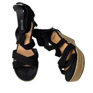 Ugg Raquel Black Suede platform wedge sandals tassel heel jute size 8